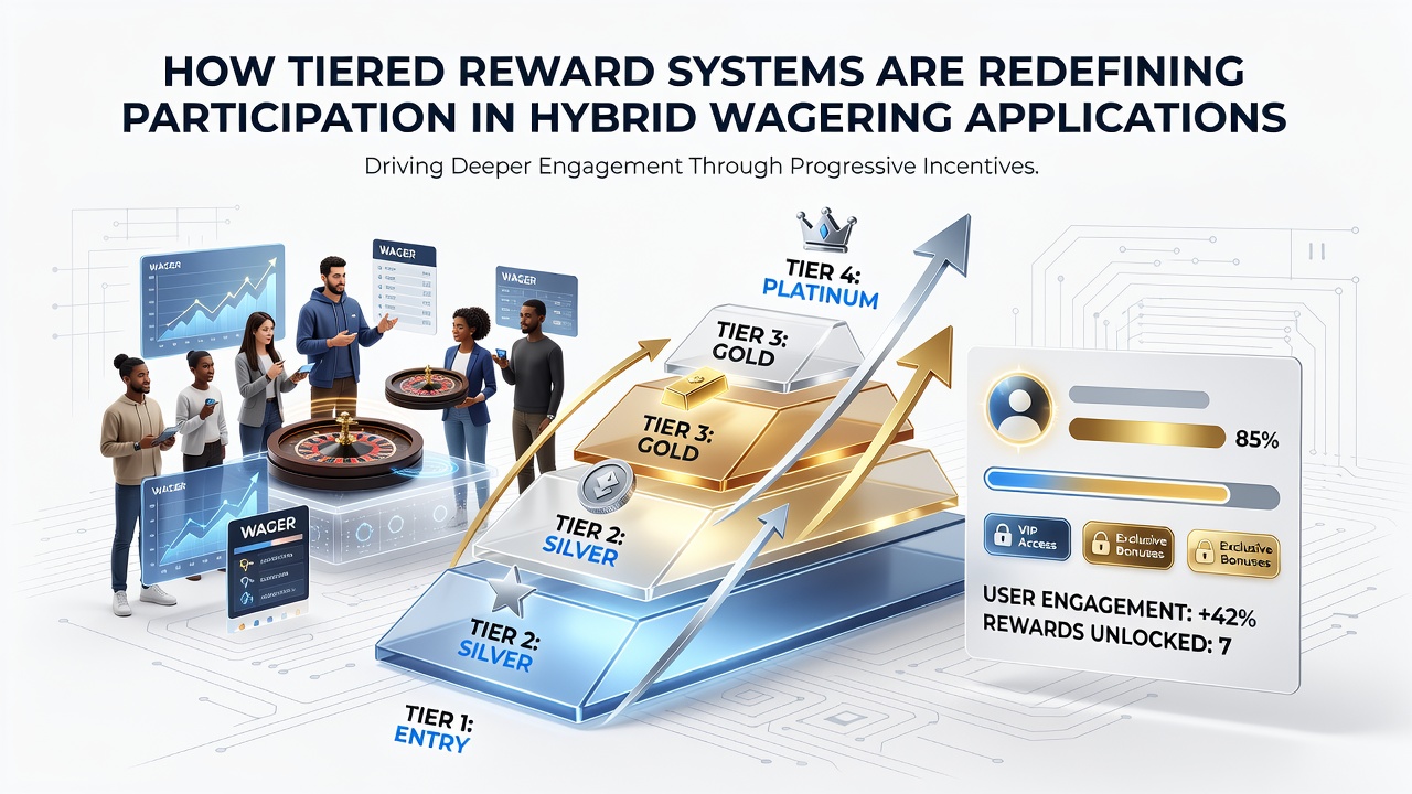 Detailed view of user progression dashboard in a hybrid wagering application with tier badges and reward previews