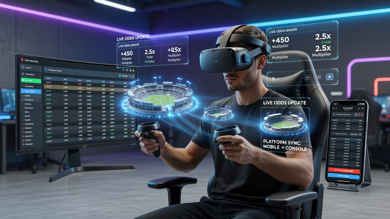 Player interacting with virtual reality betting overlay showing dynamic risk assessment tools in a multi-device wagering setup