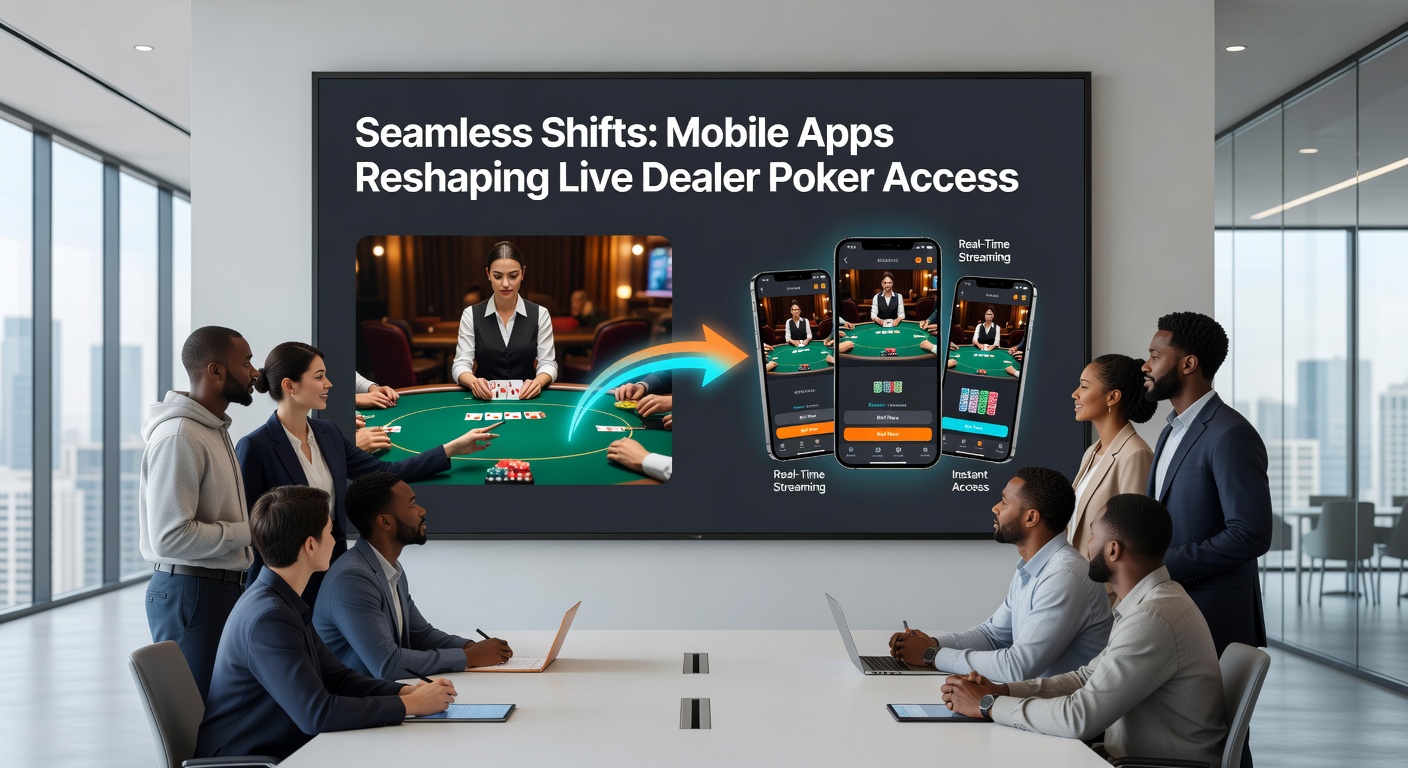 Diverse group of players on mobile devices joining a live poker table, with dealer visible on screen and global map showing connections from various countries